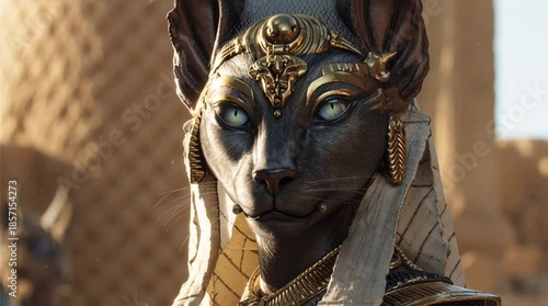 Bastet Egyptian goddess with cat face looking at the camera. Ideal for mythology projects, ancient culture content, fantasy visuals, documentaries, spiritual media, art videos, creative storytelling.