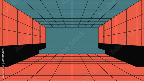 Futuristic corridor with red tiles and teal accent