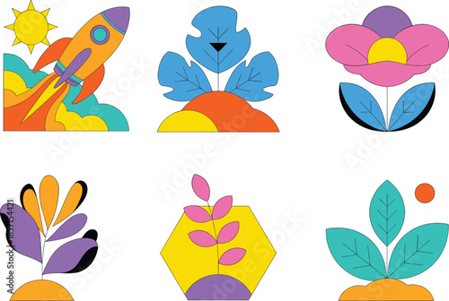 Colorful flat vector illustration set featuring space rocket launch floral plants blooming flowers geometric leaves nature icons and vibrant abstract graphics