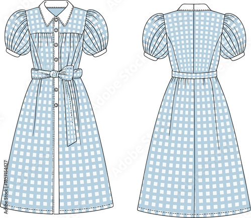 Blue Gingham Plaid Fashion Technical Sketch, Women's Puff Sleeve Button-Down Midi Dress with Waist Bow Tie, Front and Back View CAD