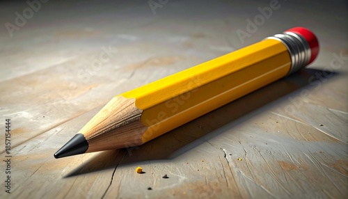 Large yellow pencil on wooden surface. Focus on the sharp point