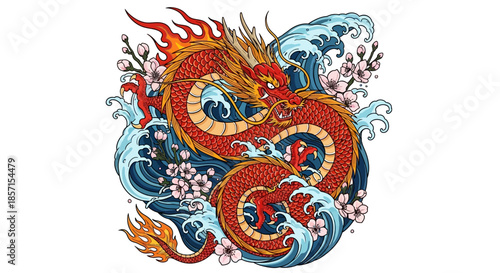 Traditional Chinese Dragon Embellished with cherry blossoms amidst ocean waves