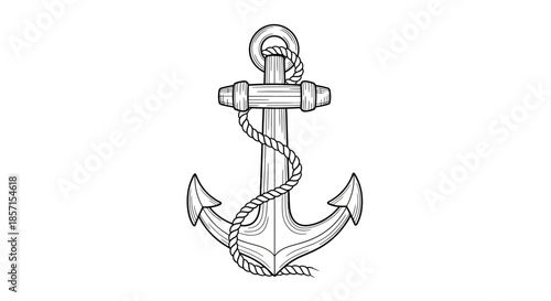 Intricate black and white line drawing of an anchor entwined with a rope