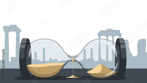 Hourglass Illustration Symbolizing Time's Flow, Bridging Ancient Eras and Modern Urban Development