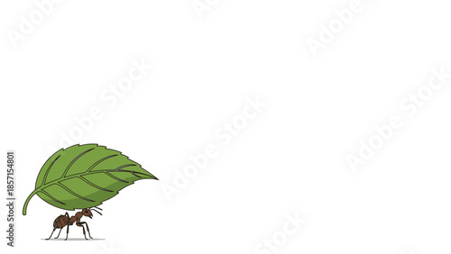 Determined Ant Carries Oversized Green Leaf, Symbolizing Perseverance and Hard Work