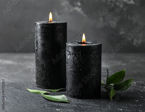 Lit black pillar candles with green foliage against a textured backdrop