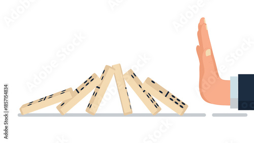 Stopping the domino effect with a hand stopping the fall, symbolizing risk management