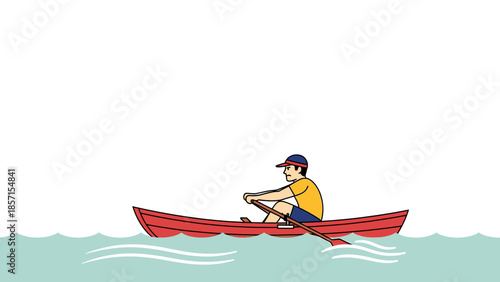 Vibrant vector illustration depicting a man rowing a red boat on calm, reflective water with precision