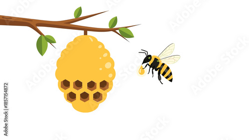 Bee collecting honey from honeycomb hanging on a tree branch with green leaves