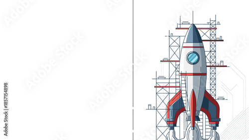 Innovative rocket launch construction site with scaffolding and blast effects illustration