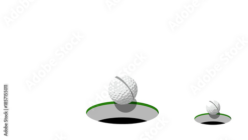 Golf ball on tee with hole and smaller golf ball on tee with hole on white background