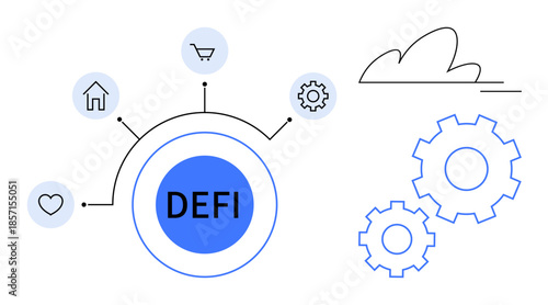 Financial technology, blockchain, digital transactions, decentralized systems, tech innovation, future finance. DEFI text with icons and gears. Financial technology and blockchain concepts