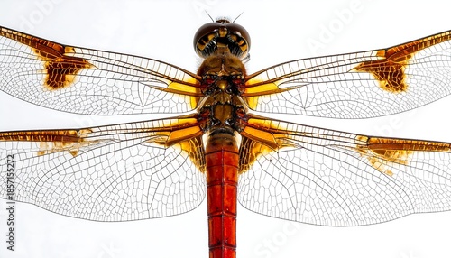Macro shot of dragonfly, showcasing wings and vibrant orange and red hues