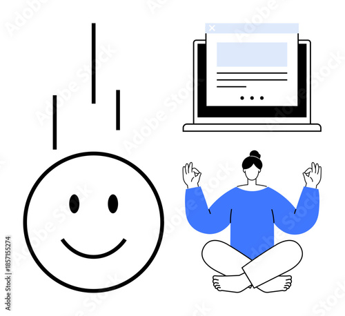 Wellness, mindfulness, technology use, mental health, online learning, self-care. happy face, meditating person laptop. Wellness and mindfulness illustrated with meditation and joy ion