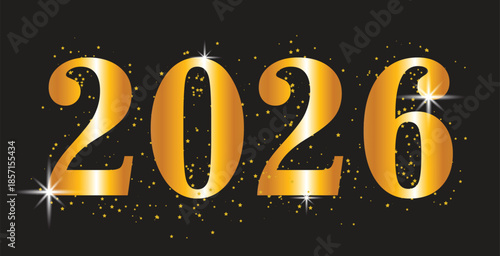 Happy New Year 2026 Celebration with Golden Glitter and Sparkles on Black Background
