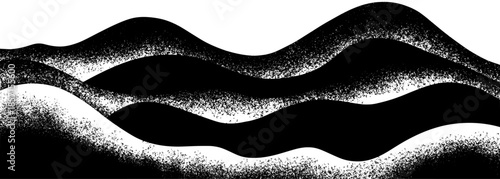 Abstract black and white grainy wave pattern with stipple texture.