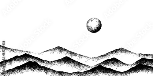 Minimalist Abstract Mountain Landscape with Moon in Black and White.