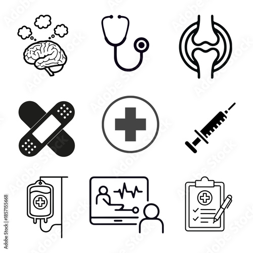 Professional medical icon set featuring vector illustrations of a brain, stethoscope, joints, bandages, first aid, syringe, IV drip, online consultation, and patient records for healthcare.
