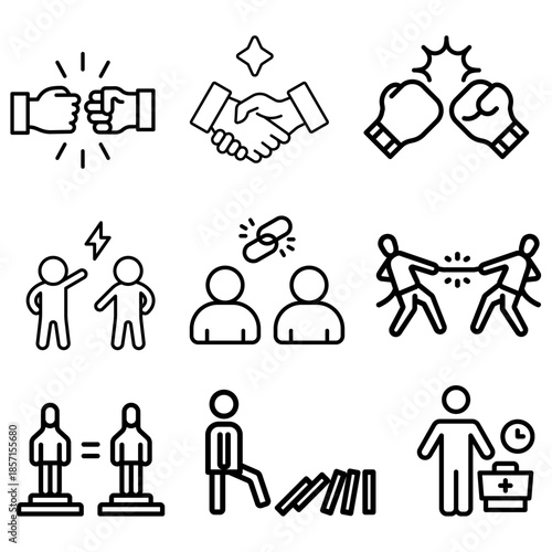 Dynamic icon set featuring vector symbols for business competition, team unity, conflict resolution, handshakes, boxing metaphors, and the domino effect in professional environments.