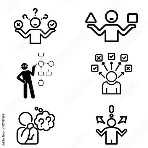 Creative vector icon set featuring business metaphors for analytical thinking, process mapping, strategic planning, overcoming confusion, and brainstorming innovative corporate solutions.