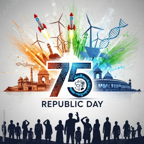 Indias 75th Republic Day celebration showcasing progress in technology energy and culture with silhouettes of people watching