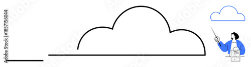 Man holding document and pointing at cloud outline with stick, suggesting digital storage or communication. Ideal for technology, innovation, data management, remote work, teaching, cloud computing