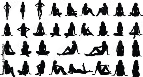 Human posture, silhouette poses, standing figure, sitting person, black vector, gesture icons, minimal design, body language, motion study, abstract people