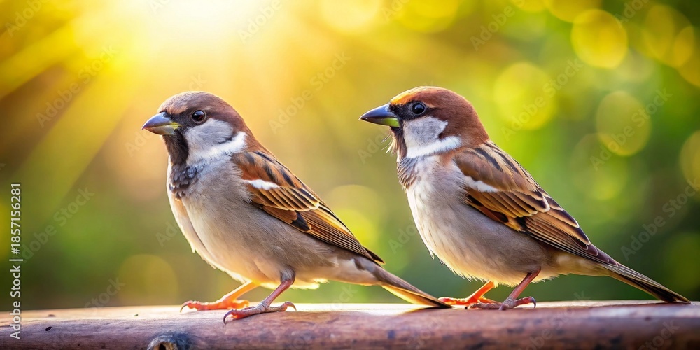 Fototapeta premium Two small avian creatures perched on a wooden surface bathed in warm golden sunlight, with a softly blurred verdant backdrop