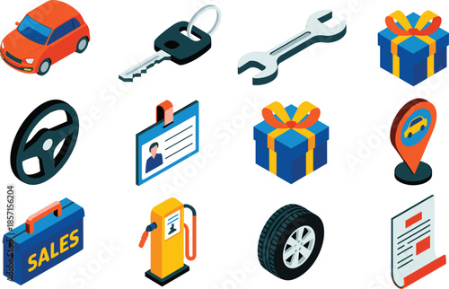 Isometric car dealership and automotive service icon set featuring vehicle, keys, wrench, gifts, fuel pump, tire, and sales documents for marketing.