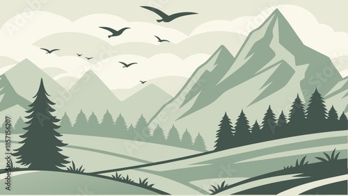 Serene mountain landscape with birds