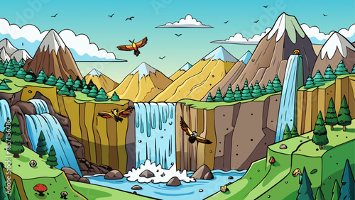 Mountainous landscape with multiple waterfalls