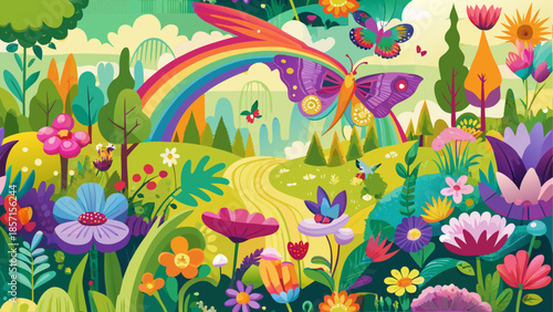 Whimsical garden under rainbow
