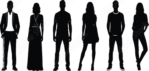 Human silhouette fashion diversity, standing posture illustration, black and white vector, casual and formal clothing, minimal design, gender identity, style