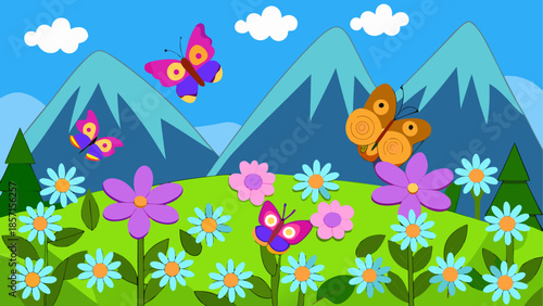 Colorful butterflies in a mountainous meadow
