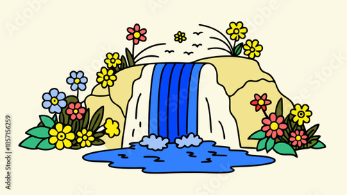 Serene waterfall surrounded by flowers