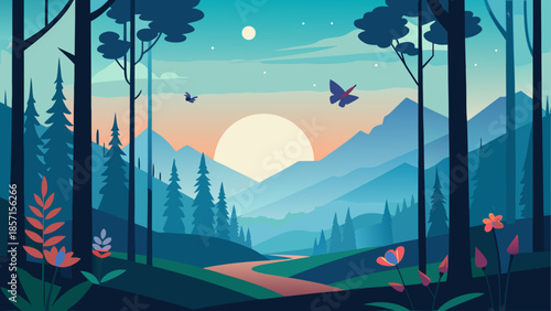 Serene forest sunset