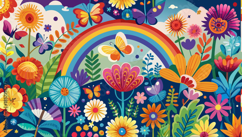 Vibrant rainbow garden with butterflies