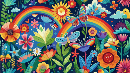 Vibrant garden with butterflies and rainbows