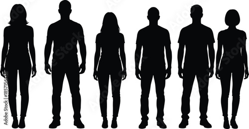 Human silhouette illustration, diverse people vector, gender neutral figures, standing pose, anatomy reference, fashion template, black and white design, minimal style