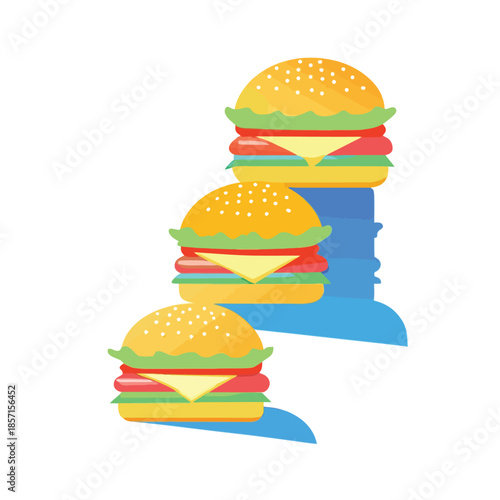 Three stacked hamburgers cast blue shadows on a white background.