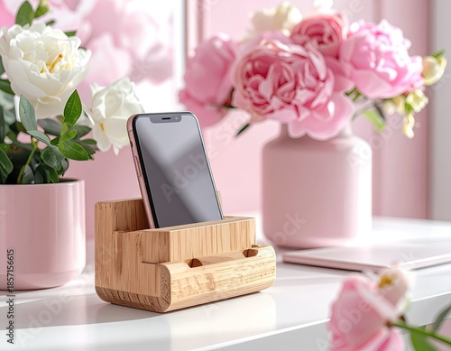 Phone in wooden stand, peonies and a minimalist decor, all in pastel hues
