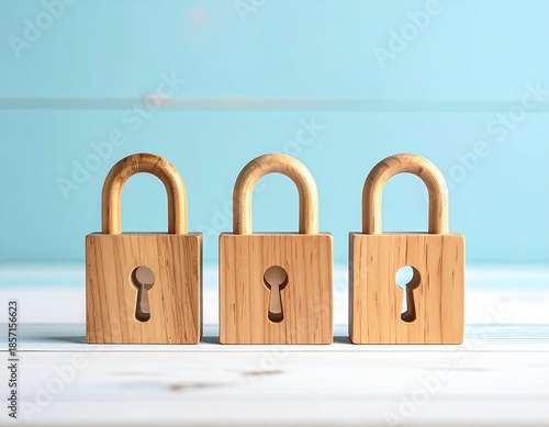 Three wooden padlocks aligned against a blue-white background