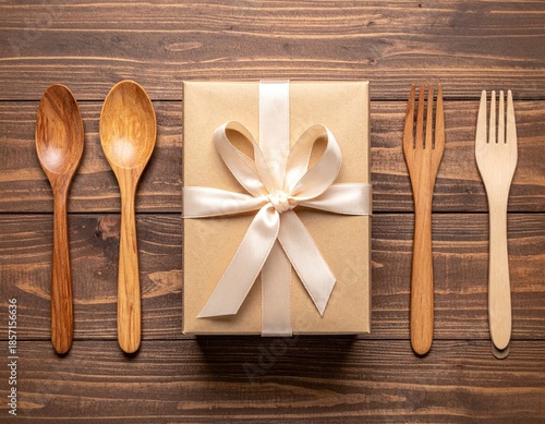 Kraft-wrapped gift tied with satin ribbon, surrounded by wooden spoons & forks