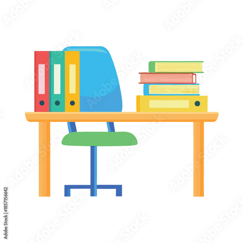 A desk with colorful binders and a stack of books is ready for work.