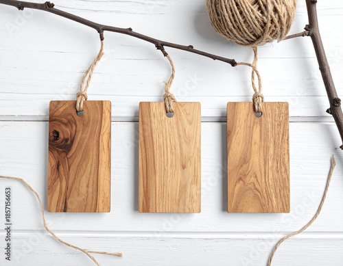 Wooden tags hanging from a branch, with twine, against a white backdrop