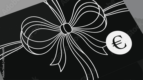 Black gift card with elegant ribbon bow and euro price tag minimal luxury present concept isolated on dark background