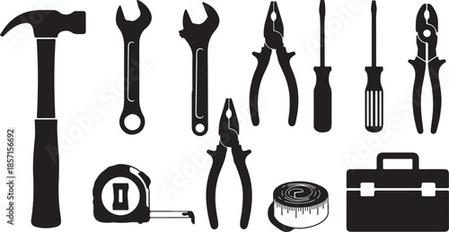 collection of black tools on white