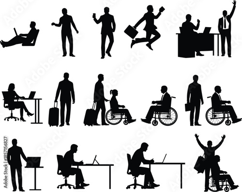 Human activity silhouette icons, walking, sitting, running, wheelchair, travel, laptop, posture, accessibility, motion, urban lifestyle, black pictograms