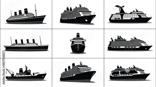 Cruise ship silhouette icon set featuring passenger liner luxury vessel and ocean transport symbols in black flat vector style