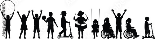 Inclusive children silhouettes, playing kids, wheelchair users, swing, scooter, ball, hoop, diversity, black vector, minimal design, joyful activity, community